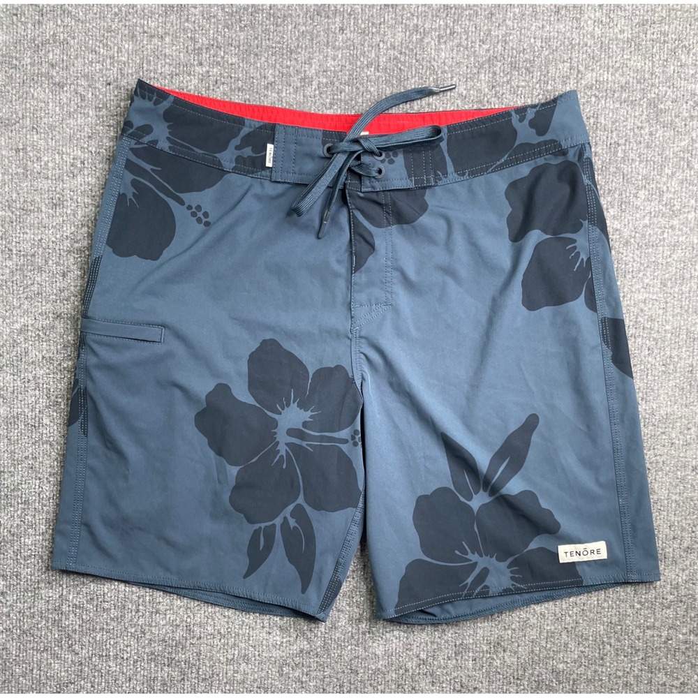 Tenore Board Shorts Men 32 Blue Floral Hibiscus Swim Trunks Surfing Pocket